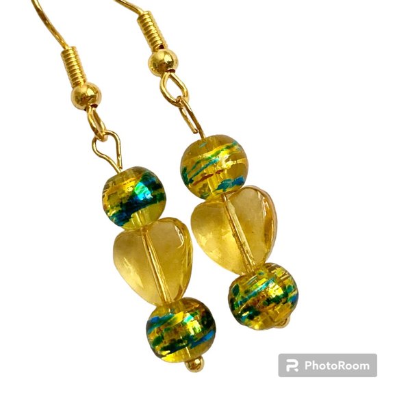Yellow Blue Murano Art Glass Heart Earrings Bead Hand Painted Round Gold Plated - Picture 1 of 9